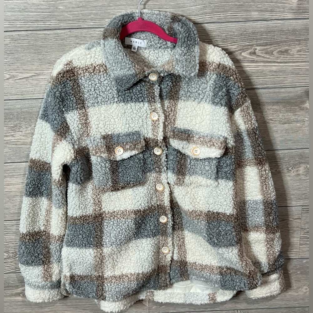 Mable Oversized Plaid Teddy Sherpa Shacket Size Medium, Cream/Gray/Brown - Picture 3 of 8